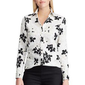 Women's Chaps No-Iron Black & White Floral Button-Down Shirt Top Size Small EUC